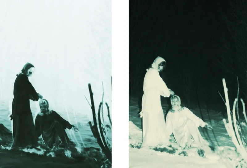 Green diptych: the same scene as negative and positive – a standing figure in a headscarf over a woman seated in the snow