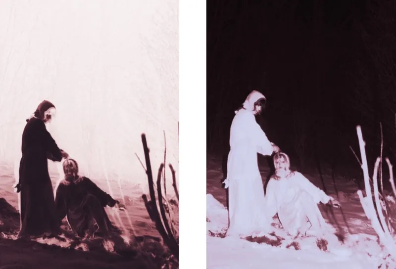 Pink-toned diptych: the scene as a negative in fog and at night in the forest – a standing figure over a seated woman