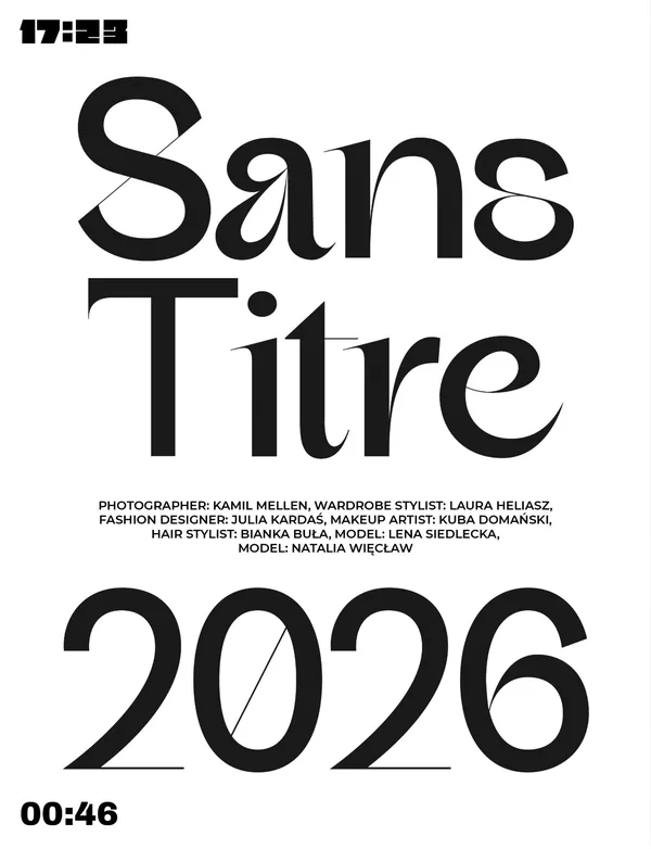 Opening page of sans titre in 17:23 magazine: the title and the year 2026 in large serif letters, with the credits between them