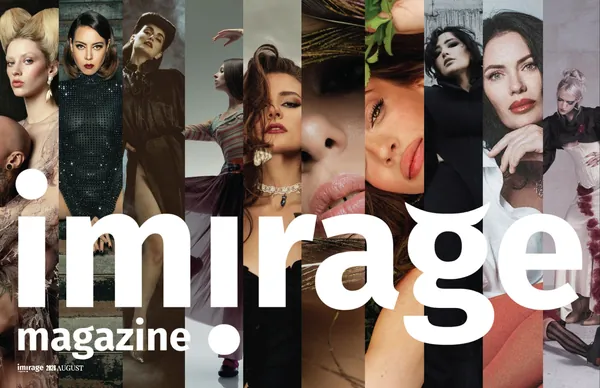 imirage magazine, august 2026 issue: the cover, a row of narrow portrait strips under the large imirage logo